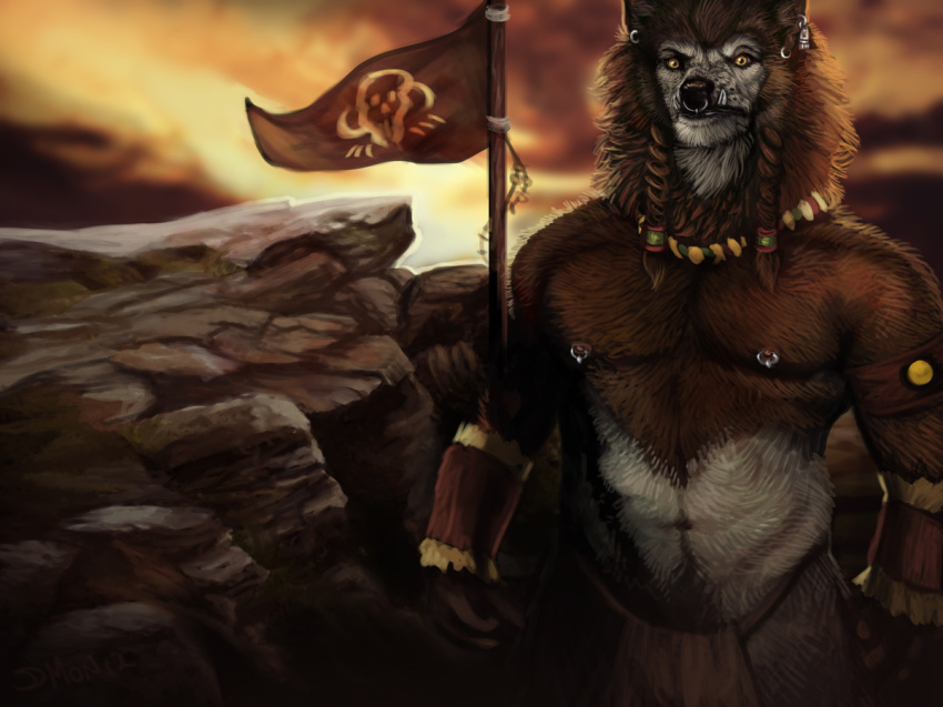 2012 anthro biped black_nose braided_hair brown_fur brown_hair canine clothed clothing detailed_background digital_media_(artwork) digital_painting_(artwork) ear_piercing facial_piercing flag front_view fur hair jewelry loincloth long_hair looking_at_viewer male mammal marrok_(hurst) mondeis multicolored_fur necklace nipple_piercing nipples nose_piercing nose_ring piercing pigtails rock septum_piercing signature solo standing topless twin_braids two_tone_fur were werewolf white_fur yellow_eyes