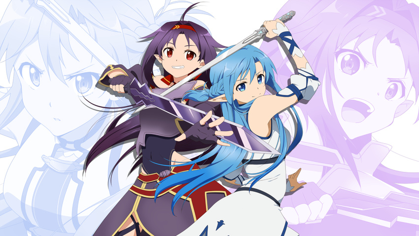 asuna_(sao) asuna_(sao-alo) blue_eyes blue_hair breastplate fingerless_gloves gloves hairband leotard long_hair multiple_girls pointy_ears purple_hair red_eyes rumia_(compacthuman) skirt sword sword_art_online weapon yuuki_(sao) zoom_layer