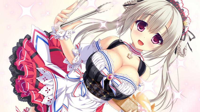 :d ameto_yuki barmaid basket bread breasts cleavage detached_collar detached_sleeves dress dutch_angle food game_cg grey_hair half_updo highres large_breasts open_mouth pink_eyes pure_x_connect shinozaki_ayumi_(pure_x_connect) smile solo sparkle tongs twintails