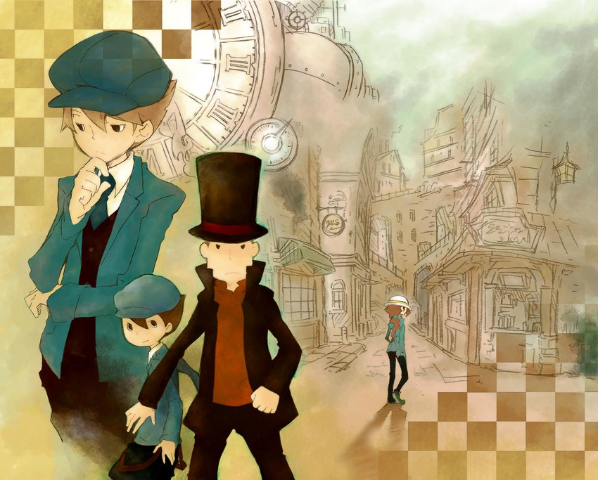 3boys bad_id bad_pixiv_id future_luke hat hershel_layton kuusou_ryodan luke_triton multiple_boys older professor_layton time_paradox top_hat