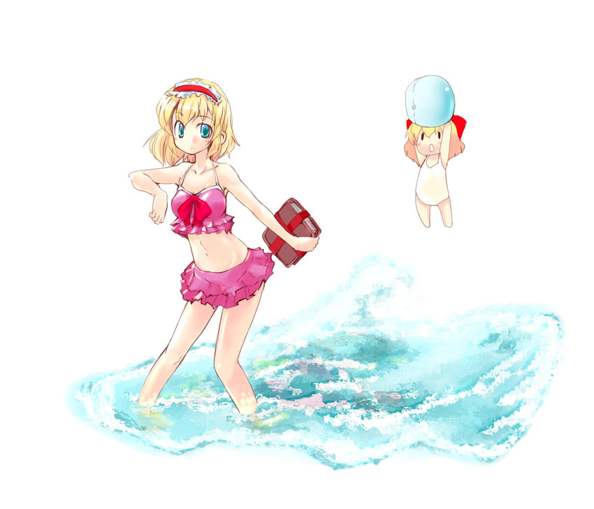 alice_margatroid bikini_skirt blonde_hair blue_hair book highres matching_shanghai navel one-piece_swimsuit shanghai_doll short_hair solo swimsuit takara_akihito touhou