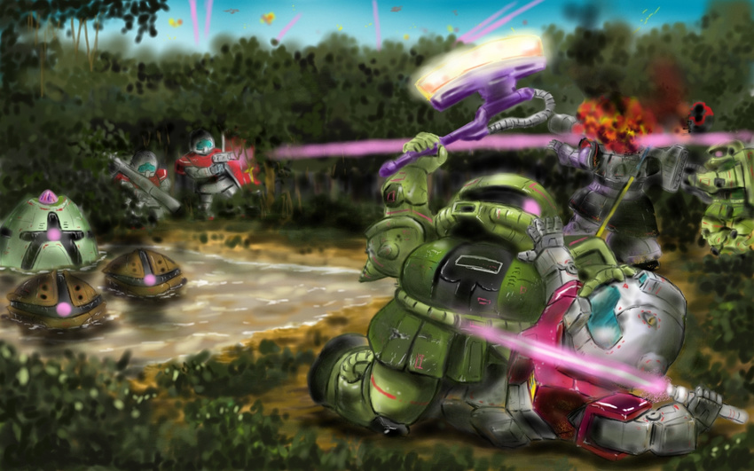 axe battle bazooka beam_rifle chibi decapitation dom energy_gun energy_sword explosion firing gm_(mobile_suit) gun gundam jungle laser mecha mobile_suit_gundam nature no_humans shield submerged sword tree wallpaper war weapon yanogon zaku zaku_ii zaku_ii_f/j zock