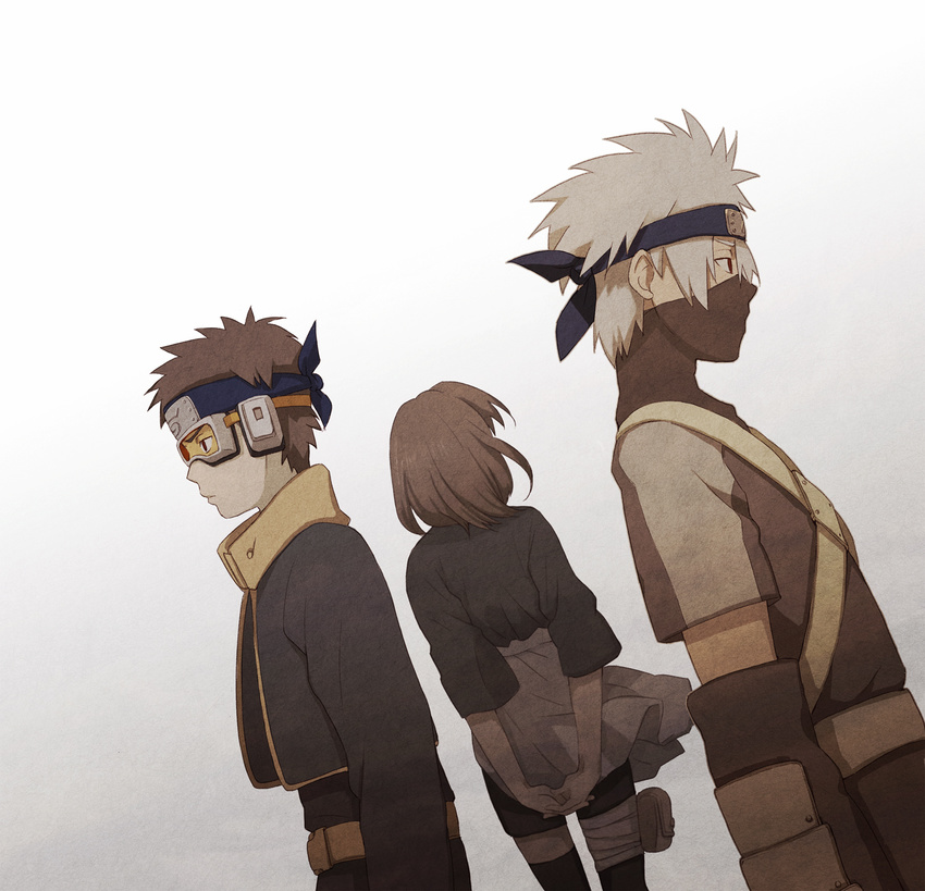 2boys arm_at_side arms_behind_back back back-to-back belt black_jacket black_pants brown_hair closed_mouth covered_mouth dutch_angle facing_away forehead_protector frown goggles gradient gradient_background hatake_kakashi highres holster jacket konohagakure_symbol long_sleeves looking_afar mask multiple_boys naruto naruto_(series) nohara_rin open_clothes open_jacket overskirt own_hands_together pants profile red_eyes short_hair short_sleeves sleeves_past_elbows spiked_hair standing thigh_holster uchiha_obito white_background white_hair wind yuu_(plasm)