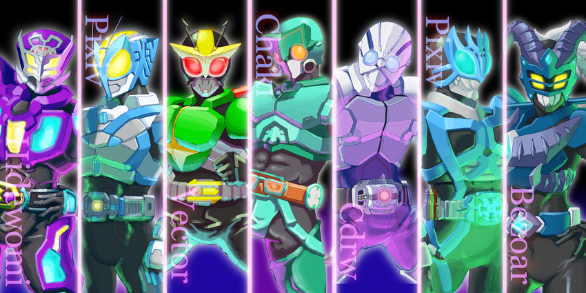 antennae belt chaki_(teasets) column_lineup highres kamen_rider kamen_rider_bezoar kamen_rider_cdrw kamen_rider_chaki kamen_rider_dcd kamen_rider_decade kamen_rider_hidewomi kamen_rider_pixiv kamen_rider_vector multiple_boys original pixiv