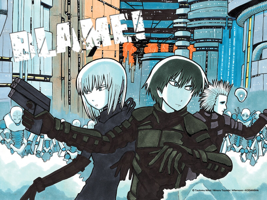 2boys artist_name black_hair blame! cibo copyright_name dhomochevsky graviton_beam_emitter highres iko killy multiple_boys parted_lips safeguard_(blame!) short_hair toyoda_minoru white_hair