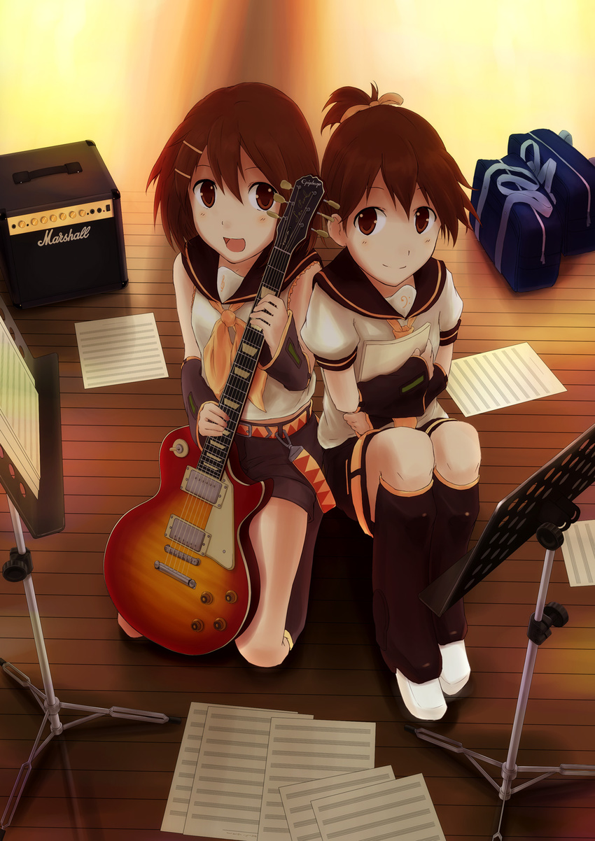 amplifier bad_id bad_pixiv_id bag brown_hair cosplay guitar highres hirasawa_ui hirasawa_yui hirobakar instrument k-on! kagamine_len kagamine_len_(cosplay) kagamine_rin kagamine_rin_(cosplay) multiple_girls school_uniform sheet_music siblings sisters speaker vocaloid