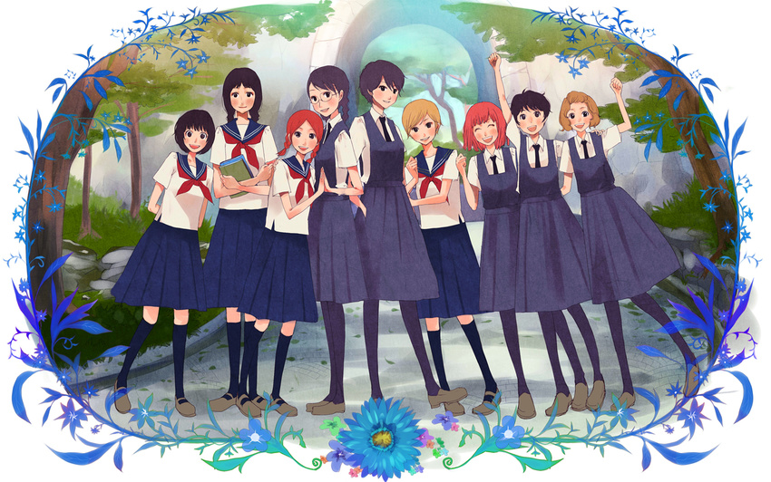 aoi_hana black_hair braid brown_hair flower glasses happy hon'atsugi_youko ikumi_kyouko kneehighs lineup manjoume_fumi mary_janes motegi_miwa multiple_girls okudaira_akira oono_haruka pantyhose red_hair school_uniform serafuku shigureteki shoes skirt smile socks sugimoto_yasuko tree twin_braids ueda_ryouko yasuda_misako