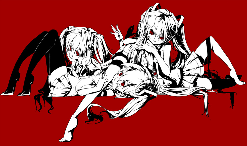 bad_id bad_pixiv_id clone detached_sleeves equ hatsune_miku long_hair monochrome multiple_girls red_eyes simple_background skirt smile spot_color thighhighs twintails vocaloid zettai_ryouiki