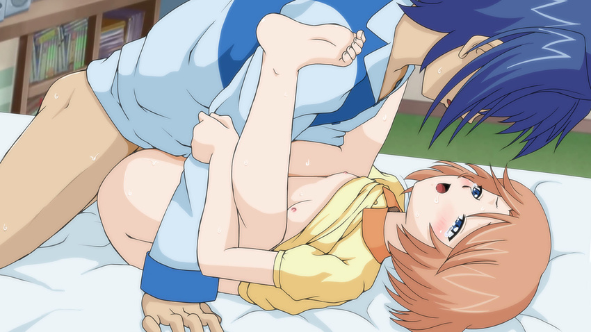1girl blue_eyes blush bottomless boy_on_top brother_and_sister cardfight!!_vanguard folded goro73 hetero highres incest knees_on_chest lying missionary on_back on_bed open_mouth orange_hair sendou_aichi sendou_emi sex shirt_lift short_hair siblings tears