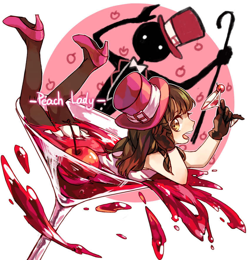 brown_hair cane cocktail deemo deemo_(character) dress girl_(deemo) harrymiao hat high_heels highres pantyhose peach_lady_(deemo) pink_dress song_name top_hat
