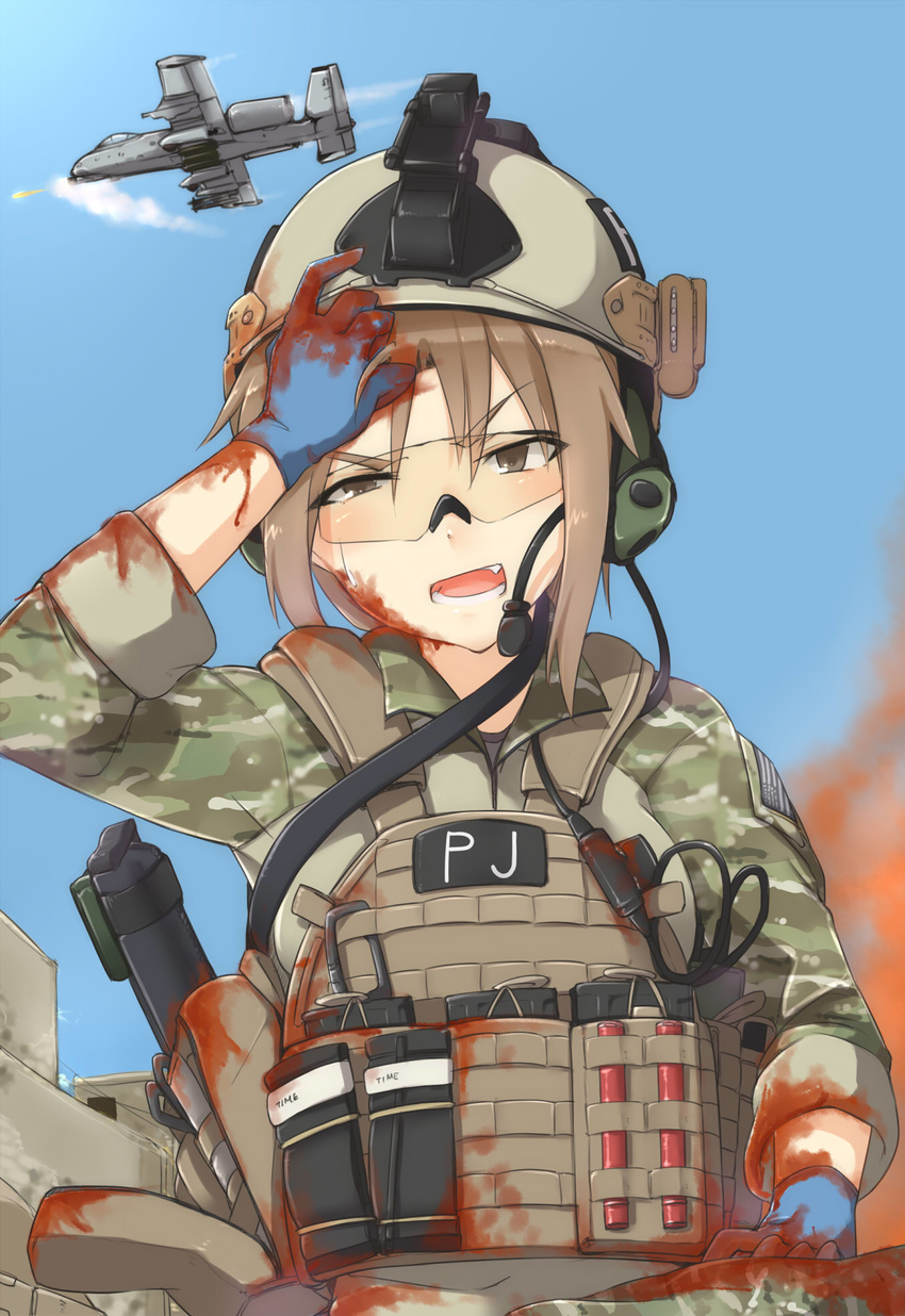 a-10_thunderbolt_ii aircraft airplane america american_flag assault_rifle ayyh bad_id bad_pixiv_id blood brown_eyes brown_hair building camouflage commentary_request fang fire firing from_below glasses gloves gun hand_on_own_head headset helmet highres load_bearing_vest looking_down magazine_(weapon) military military_uniform open_mouth original out_of_frame rifle sky sling smoke soldier solo_focus sweat tourniquet uniform war weapon