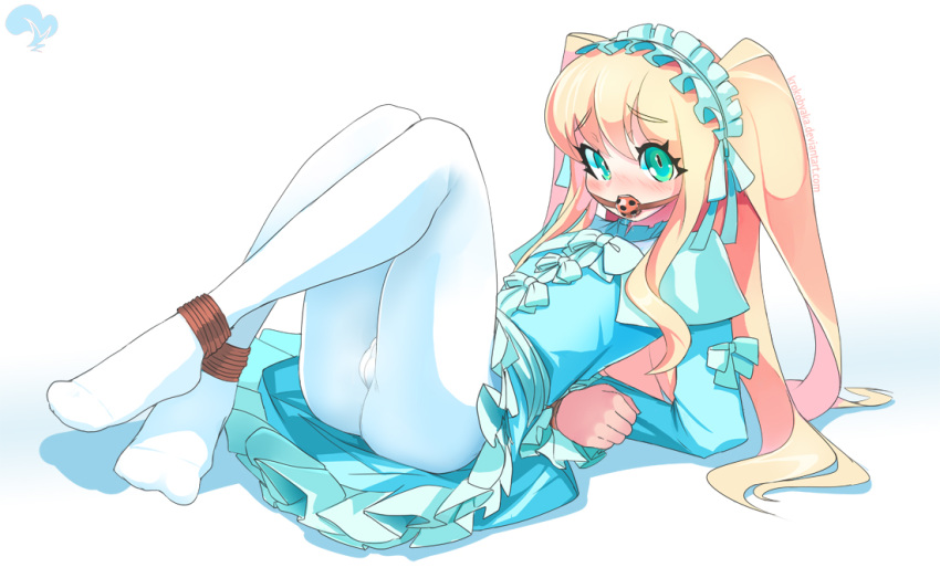 aqua_eyes ball_gag bdsm blue_dress bondage bound bound_ankles bound_arms bulge crossdressing dress eyebrows_visible_through_hair frills gag gagged gothic_lolita hairband krokobyaka lolita_fashion lolita_hairband long_hair looking_at_viewer nanbaka otoko_no_ko pantyhose solo sugoroku_hitoshi trap two_side_up white_legwear