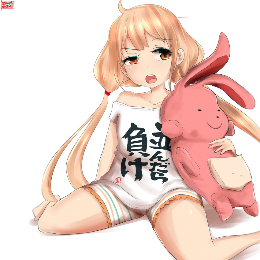 barefoot bike_shorts clothes_writing futaba_anzu highres idolmaster idolmaster_cinderella_girls long_hair low_twintails norman_maggot off_shoulder open_mouth shirt signature solo striped striped_bike_shorts stuffed_animal stuffed_bunny stuffed_toy t-shirt twintails