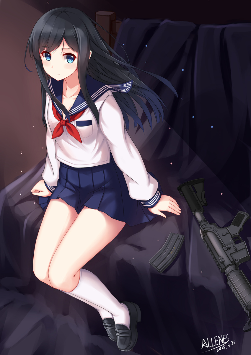 2015 absurdres allenes artist_name assault_rifle black_footwear black_hair blue_eyes breasts collarbone dated full_body gun highres legs_together light_particles loafers long_hair long_sleeves looking_at_viewer m4_carbine magazine_(weapon) miniskirt neckerchief original pleated_skirt rifle school_uniform serafuku shoes sitting skirt small_breasts socks solo weapon white_legwear