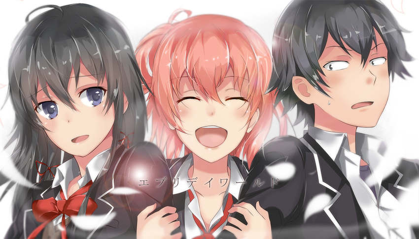 2girls :d ^_^ arm_grab black_hair blazer blue_eyes closed_eyes hair_bun hair_ribbon hikigaya_hachiman jacket long_hair multiple_girls open_mouth orange_hair ribbon sandwiched school_uniform sevens_(treefeather) smile sweatdrop yahari_ore_no_seishun_lovecome_wa_machigatteiru. yuigahama_yui yukinoshita_yukino