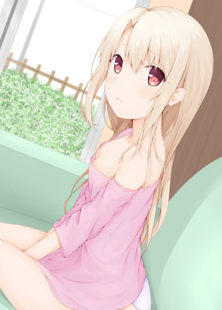 1girl :t absurdres between_legs breasts cleavage collarbone dutch_angle eyebrows_visible_through_hair fate/kaleid_liner_prisma_illya fate_(series) hair_between_eyes hand_between_legs highres illyasviel_von_einzbern indoors long_hair looking_at_viewer off-shoulder_shirt panties pink_shirt red_eyes seven_d3t shirt silver_hair sitting small_breasts solo underwear white_panties