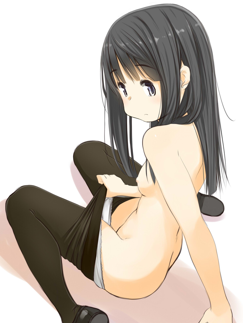 arm_support black_eyes black_hair black_legwear breasts butt_crack groin highres loafers long_hair looking_at_viewer nipples original panties panty_pull pantyhose pantyhose_pull raised_eyebrows retsumaru school_uniform shoes simple_background sitting small_breasts solo topless underwear wariza white_background white_panties