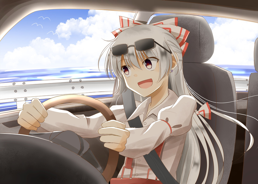 :d bird blue_sky car car_interior cloud collared_shirt day driving earrings eyewear_on_head fujiwara_no_mokou ground_vehicle hair_ribbon happy highres indo_(mdtanaka2007) jewelry juliet_sleeves long_hair long_sleeves motor_vehicle open_mouth puffy_sleeves railing red_eyes ribbon seagull seaside seatbelt shirt silver_hair sky smile solo stud_earrings sunglasses suspenders touhou tress_ribbon very_long_hair