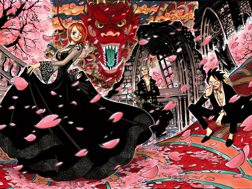 1girl 2boys abs belt black_dress black_hair black_shoes cherry_blossoms cherry_tree cover cover_page crossed_arms dragon dress earrings flower formal green_hair hat headwear_removed jacket jewelry long_sleeves monkey_d_luffy multiple_boys nami nami_(one_piece) necklace oda_eiichirou official_art one_piece open_shirt orange_hair petals roronoa_zoro ruins scar sheathed_sword shirt shoes sitting staircase stairs stampede_string statue straw_hat suit tattoo tree wink