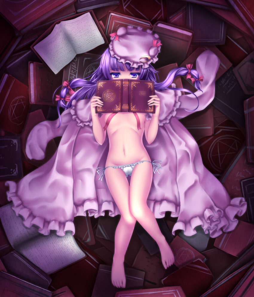 barefoot book breasts coat coat_removed convenient_censoring covering_mouth from_above hair_ribbon hat highres long_hair looking_at_viewer lowleg lowleg_panties lying mob_cap navel no_pants on_back panties patchouli_knowledge purple_eyes ribbon side-tie_panties small_breasts solo topless touhou tress_ribbon tsuboyarou underwear underwear_only very_long_hair white_panties