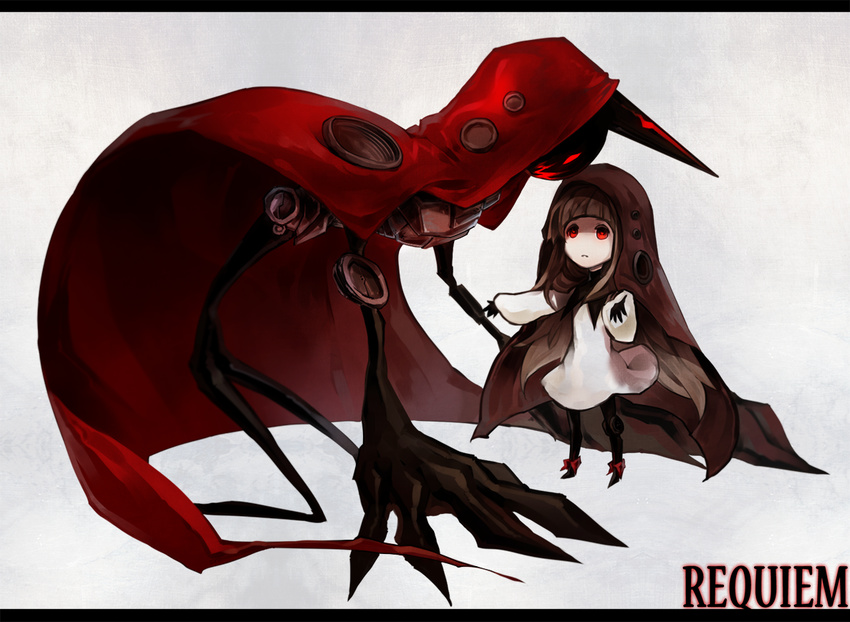 ankle_boots boots commentary cytus deemo deemo_(character) dress girl_(deemo) height_difference hood lestored_cro looking_up pantyhose parody red_eyes song_name standing