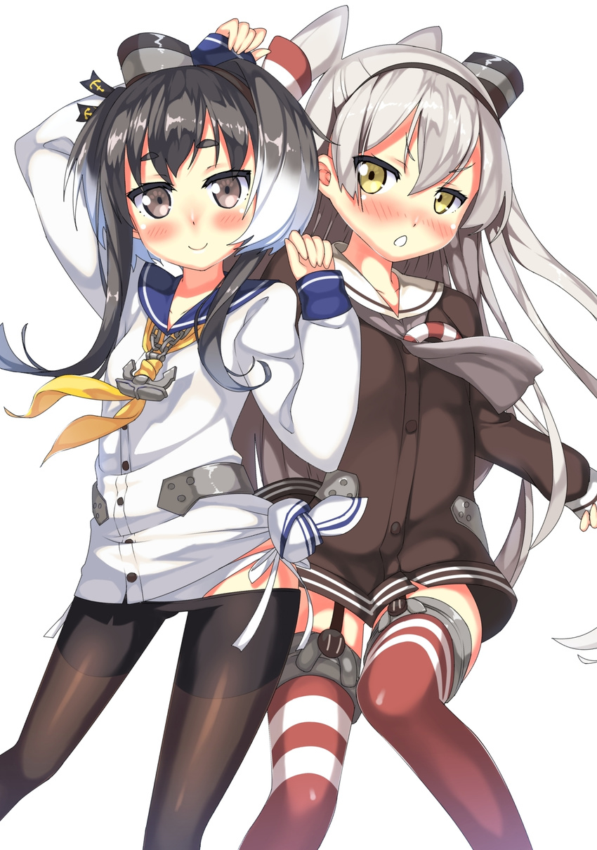 amatsukaze_(kantai_collection) anchor bad_id bad_pixiv_id black_hair blush dress gradient_hair hair_tubes hat headgear highres kantai_collection kantoku_(style) kawai long_hair looking_at_viewer lowleg_pantyhose mini_hat multicolored_hair multiple_girls neckerchief pantyhose red_legwear sailor_collar sailor_dress shirt short_hair short_hair_with_long_locks silver_hair simple_background sleeves_past_wrists smile striped striped_legwear thighhighs tied_shirt tokitsukaze_(kantai_collection) two_side_up white_background