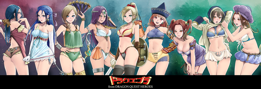 alcohol alena_(dq4) ass belt bianca bikini_top blonde_hair blue_eyes blue_hair bow bow_(weapon) bracelet braid breasts brown_eyes brown_hair character_request circlet cleavage cup dragon_quest dragon_quest_heroes dress drinking_glass earrings elbow_gloves fan flora folding_fan gloves green_eyes green_hair hair_bow half_updo hat hayakawa_pao highres hood jessica_albert jewelry julietta_(dqh) large_breasts leaning_forward legband long_hair manya meer_(dqh) midriff multiple_girls navel pointy_ears ponytail purple_hair red_eyes ruida shield shorts smile sword thigh_gap thighhighs twintails underboob wand weapon wine wine_glass