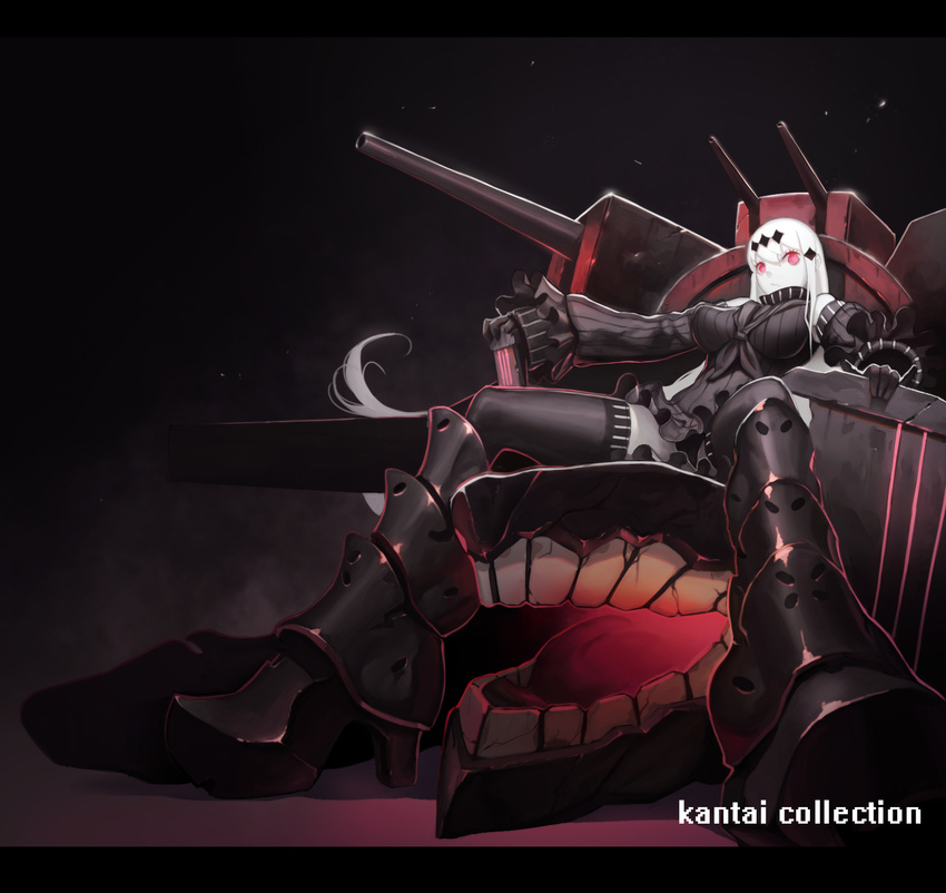 aircraft_carrier_water_oni armor armored_boots bare_shoulders black_dress black_gloves boots breasts detached_sleeves dress frilled_sleeves frills gloves hair_ornament highres kantai_collection knee_boots large_breasts long_hair looking_at_viewer qianbi ribbed_dress ribbed_sweater shinkaisei-kan short_dress sitting solo sweater thighhighs very_long_hair white_hair white_skin zettai_ryouiki