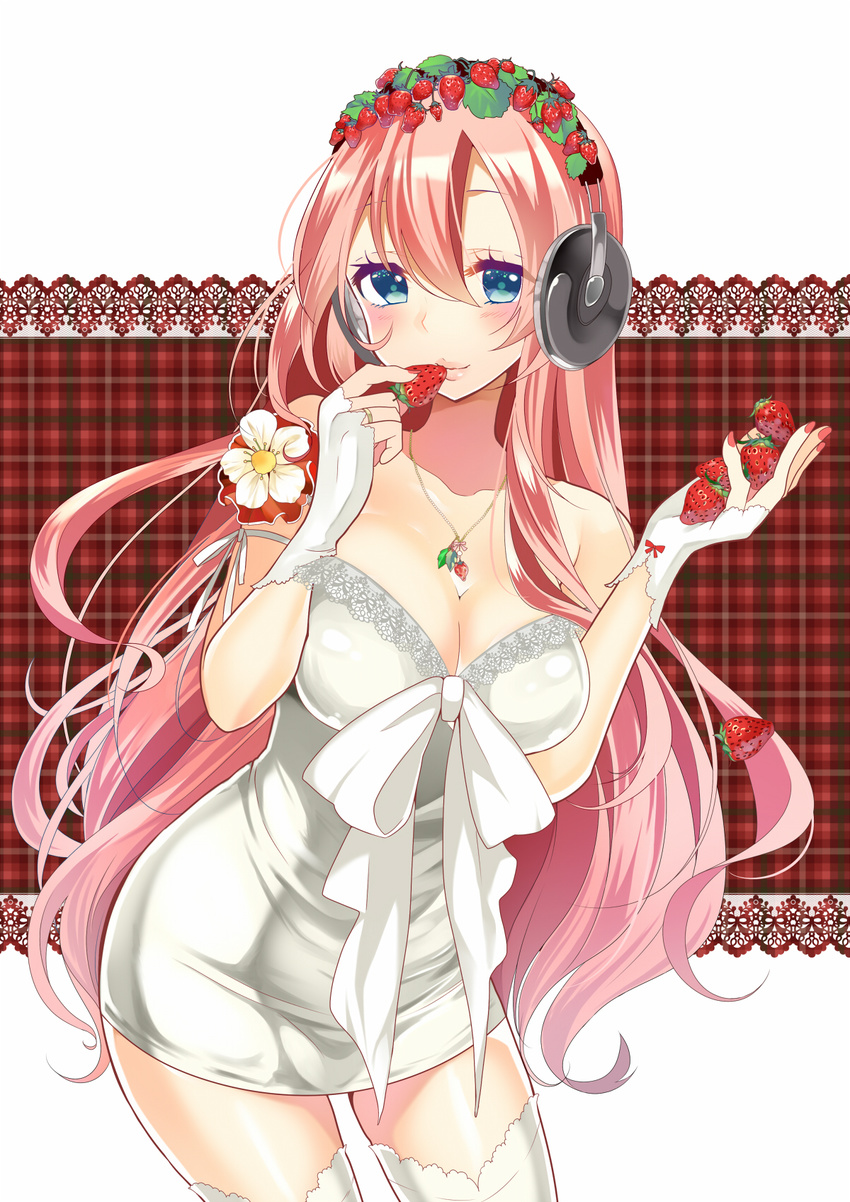 blue_eyes blush breasts cleavage cowboy_shot flower food food_themed_clothes fruit headphones highres jewelry lace lace-trimmed_thighhighs lace_background large_breasts lips long_hair looking_at_viewer megurine_luka nail_polish necklace pink_hair plaid plaid_background red_nails seductive_smile smile standing strawberry strawberry_blossoms temari_(deae) thighhighs vocaloid white_legwear zettai_ryouiki