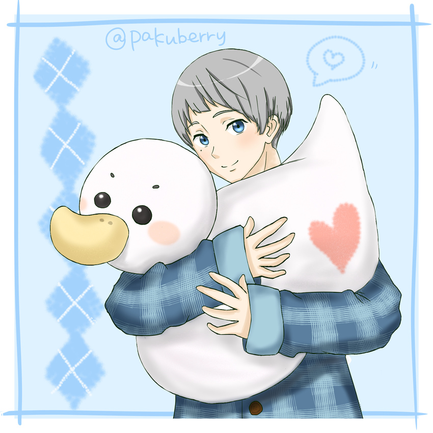 bad_id bad_pixiv_id bird blue_eyes blush duck free! grey_hair heart highres male_focus mole mole_under_eye nitori_aiichirou pakuberry solo spoken_heart twitter_username