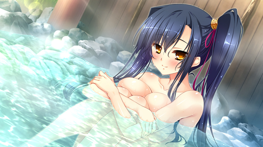 1girl blue_hair blush breast_press breasts game_cg highres hikage_eiji huge_breasts kan'u kan'u katagiri_hinata koihime_musou legs long_hair looking_at_viewer nude onsen partially_submerged side_ponytail sitting smile solo steam thighs water wet yellow_eyes