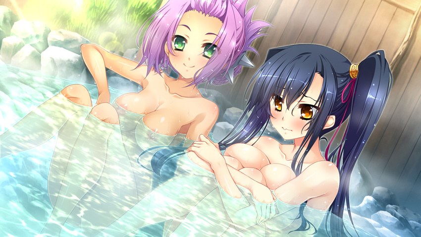 2girls areolae blue_hair blush breast_press breasts chouryou_(shia) game_cg green_eyes hair_up highres hikage_eiji huge_breasts kan'u kan'u katagiri_hinata koihime_musou large_breasts legs long_hair looking_at_viewer looking_down multiple_girls nipples nude onsen partially_submerged pink_hair side_ponytail sitting smile steam thighs water wet yellow_eyes