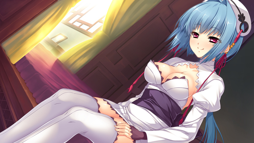 1girl bed blue_hair blush breasts chouun cleavage curtains door female game_cg highres hikage_eiji katagiri_hinata koihime_musou large_breasts legs looking_at_viewer pink_eyes short_hair sitting smile solo thighs white_legwear