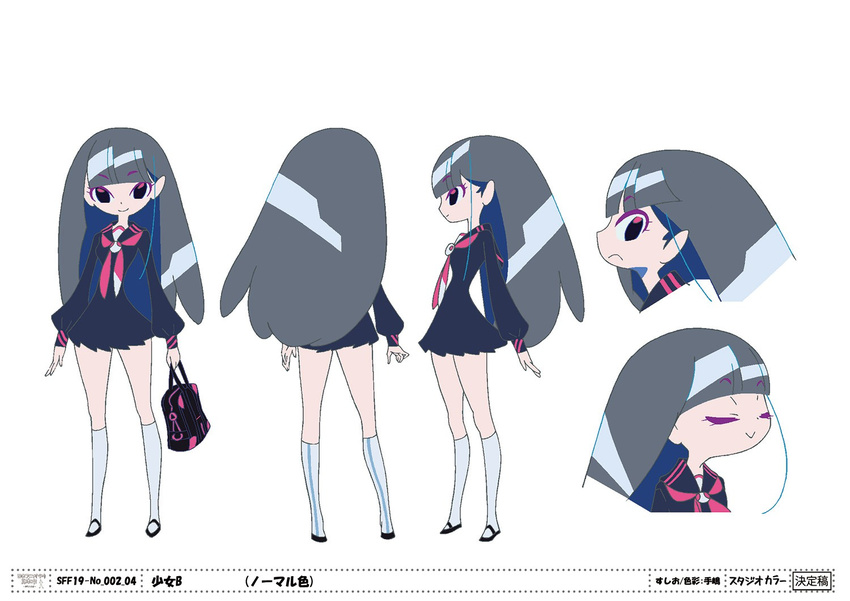 :&gt; bag black_eyes bunny_head character_name character_sheet girl_b_(i_can_friday_by_day!) grey_hair i_can_friday_by_day! japan_animator_expo kneehighs multiple_views official_art pleated_skirt satchel school_uniform serafuku skirt take_(illustrator) turnaround white_legwear