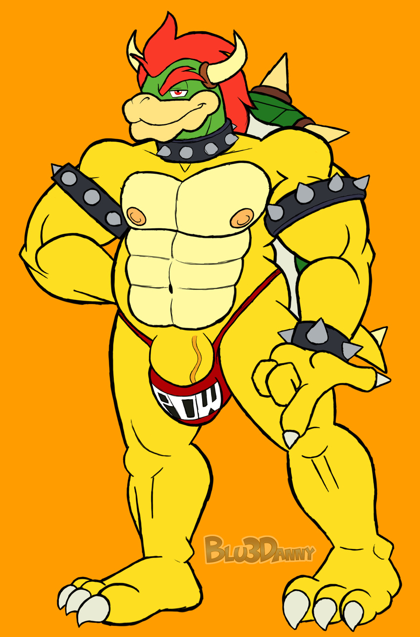 2015 biceps big_muscles big_penis blu3danny bowser claws clothed clothing collar dragon flaccid hair horn hybrid koopa looking_at_viewer male mario_bros muscles nintendo nipples penis presenting red_eyes red_hair reptile scalie skimpy solo thick_penis toe_claws toned turtle vein veiny_penis video_games