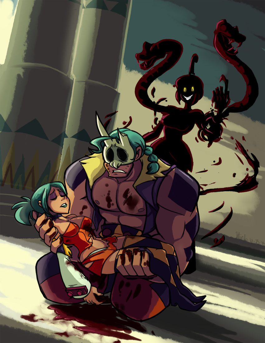 1boy 2girls aqua_hair argyle blood boots breasts carrying cerebella_(skullgirls) choker cleavage death detached_sleeves dress eliza_(skullgirls) evil_grin evil_smile eyeshadow grin highres makeup multiple_girls muscle personification pointy_shoes princess_carry shoes short_dress short_ponytail skullgirls smile snake spoilers tentacle thigh_boots thighhighs torn_clothes vice-versa_(skullgirls) wiirdo yellow_eyes