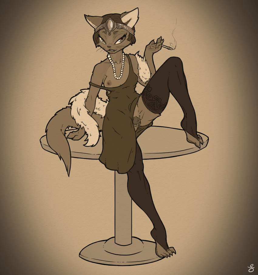 anthro barefoot bottomless breasts cat cigarette cigarette_holder clothed clothing dress feline female flapper hair half-dressed ivy_pepper lackadaisy legwear mammal monochrome necklace nipples pubes pussy sentientsocks sepia short_hair solo stockings stole wardrobe_malfunction