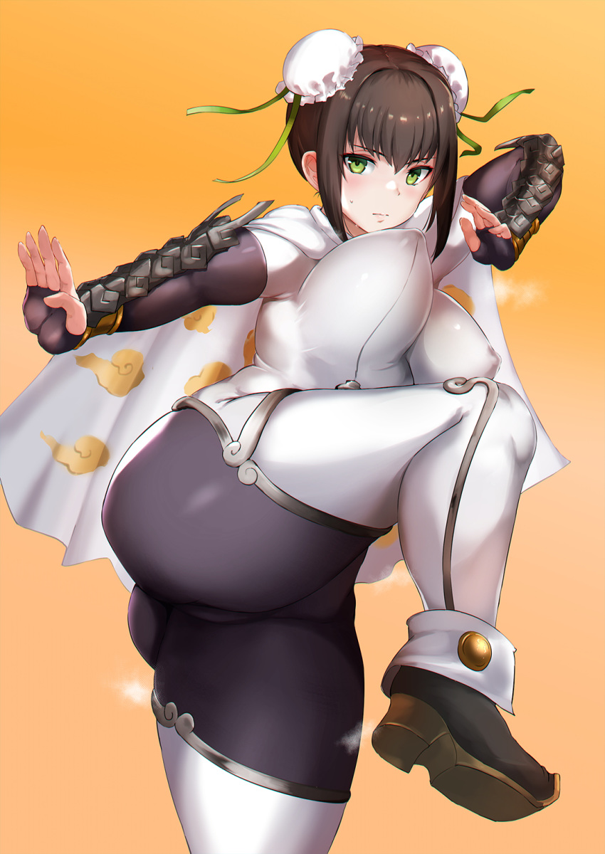 ass bodysuit breasts brown_hair chinese_clothes fate/grand_order fate_(series) green_eyes highres jirusu large_breasts orange_background qin_liangyu_(fate) solo stance sweatdrop