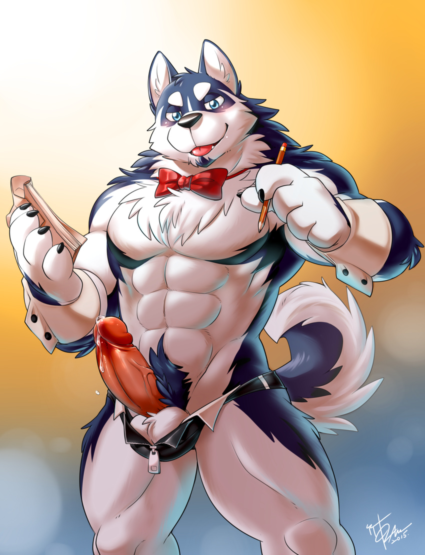 2015 abs biceps bow_tie canine chest_tuft chippendales dog fur husky male mammal muscles pecs takemoto_arashi tuft wristband