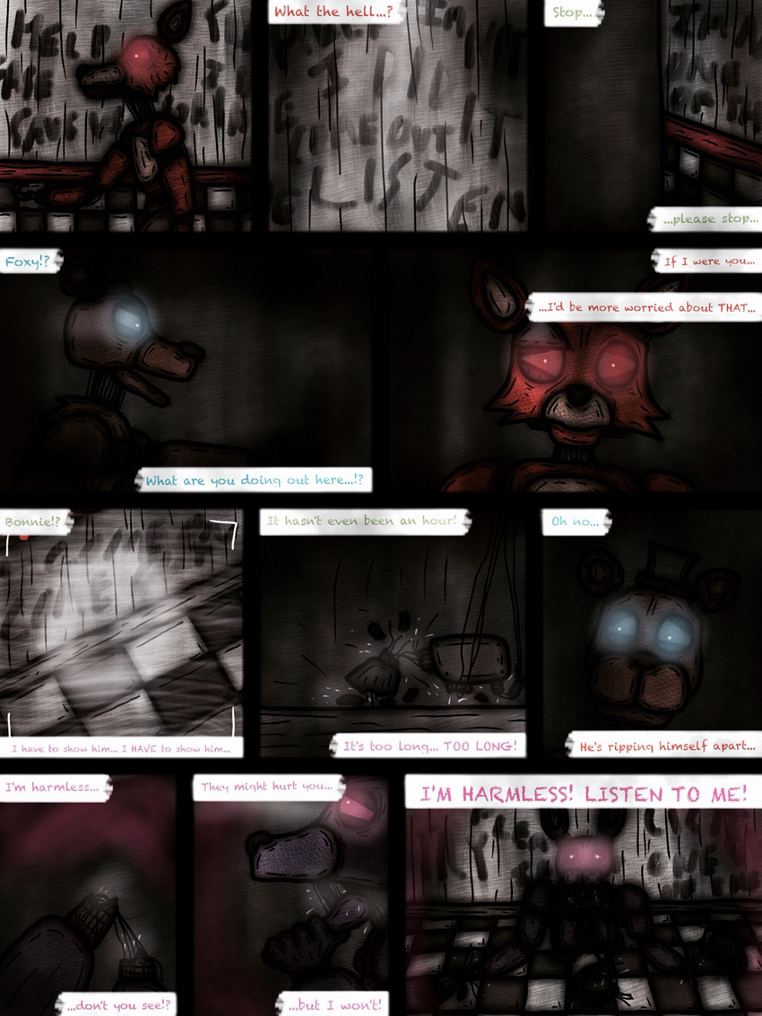 animatronic bear bonnie_(fnaf) canine five_nights_at_freddy's fox foxy_(fnaf) freddy_(fnaf) glowing glowing_eyes io8044 lagomorph machine male mammal mechanical rabbit robot video_games