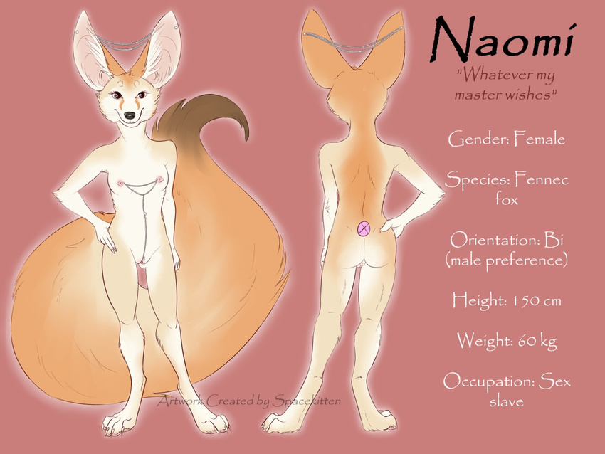 2015 anthro big_ears big_tail breasts canine chain claws clitoris clitoris_piercing ear_piercing female fennec flat_chested fox fur genital_piercing looking_at_viewer mammal naomi navel navel_piercing nipple_chain nipple_piercing nipples nude piercing plain_background pussy pussy_piercing reff_sheet slave smile solo spacekitten toe_claws