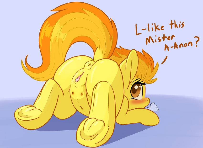 2015 anus ass_up blush butt clitoral_winking clitoris cutie_mark dialogue dock english_text equine female feral friendship_is_magic hair hi_res hooves mammal my_little_pony navel orange_hair pegasus presenting presenting_hindquarters pusspuss pussy solo spitfire_(mlp) teats text two_tone_hair underhoof wings wonderbolts_(mlp)