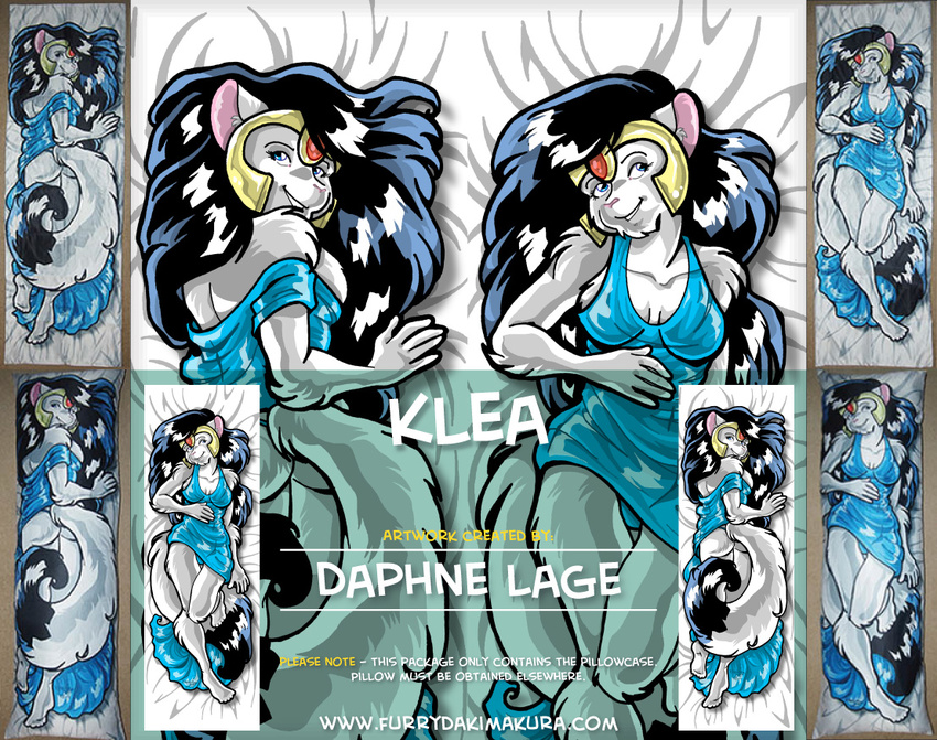 advertisement annoying_watermark bed_sheet body_pillow clothing crown dakimakura daphne_lage dress female hair klea long_hair long_tail mammal mustelid pillow pillowcase underwear watermark