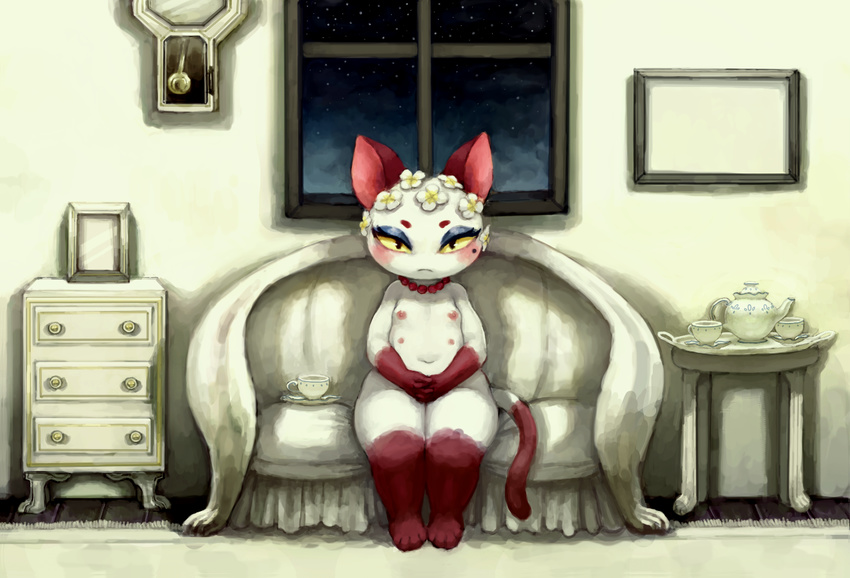 animal_crossing anthro beauty_mark beverage blush breasts cat clock crookedtrees dresser eyeliner feline female flower flower_in_hair frown fur furniture half-closed_eyes inside looking_at_viewer makeup mammal multi_nipple navel necklace night nintendo nipples nude olivia_(animal_crossing) plant sitting small_breasts sofa solo star table tea teapot video_games white_fur window