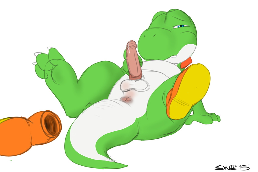 2015 anthro anus arm_support balls barefoot clothing erection footwear half-closed_eyes hi_res looking_at_viewer male mario_bros masturbation nintendo penis precum reclining scalie shoes solo spread_legs spreading syntex video_games wince yoshi