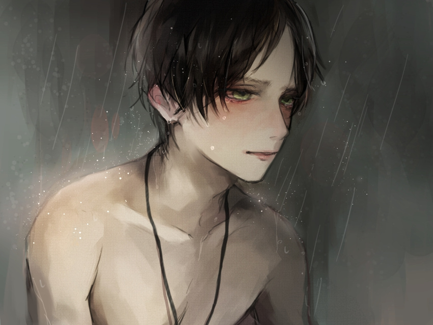 black_hair eren_yeager green_eyes grey male_focus rain sad shingeki_no_kyojin shirtless solo tears upper_body yume_(ymym_62)