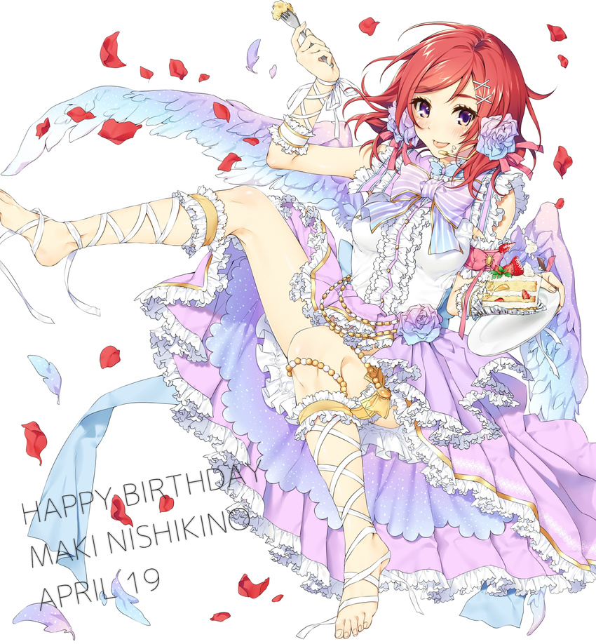 angel_wings ankle_lace-up barefoot cake cross-laced_footwear flower food frills happy_birthday highres leg_garter love_live! love_live!_school_idol_project nishikino_maki open_mouth petals purple_eyes red_hair short_hair smile solo too_many too_many_frills wings yana_mori