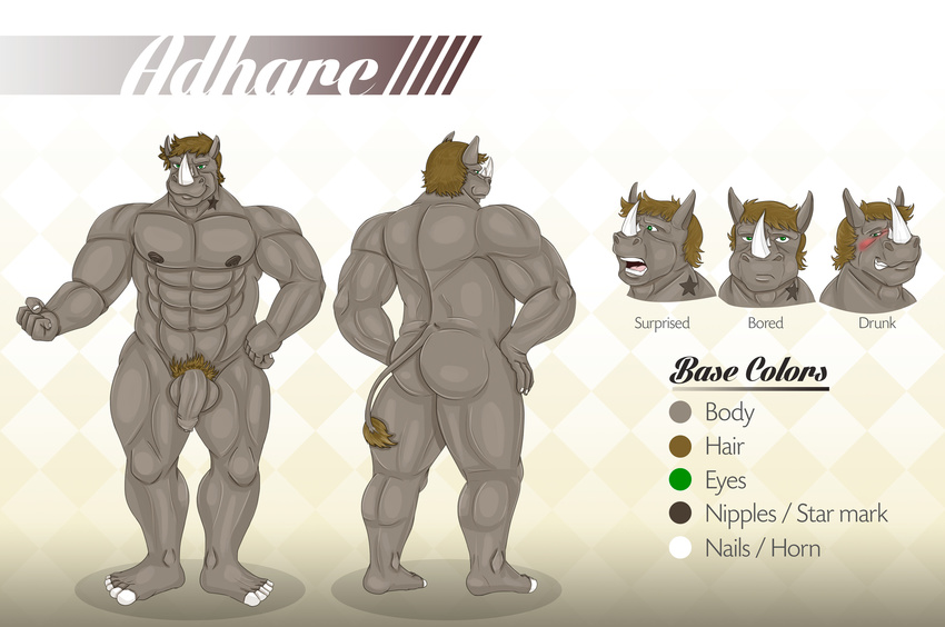 abs adharc balls begami biceps big_butt big_muscles blush butt color_scheme drunk green_eyes grin looking_at_viewer male mammal model_sheet muscles pecs penis plain_background pose pubes rhinoceros solo text uncut