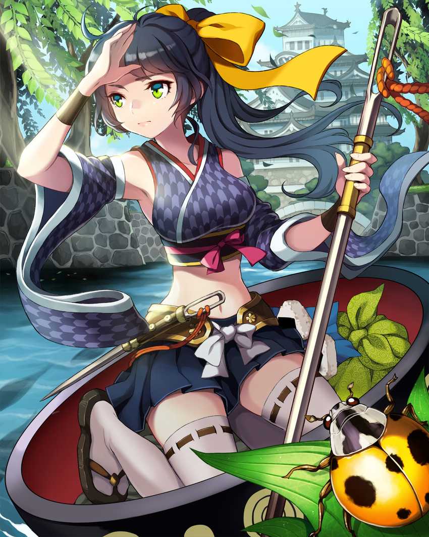 armband black_hair bow bug detached_sleeves green_eyes hair_bow highres insect ladybug long_hair midriff navel ponytail solo tenkuu_no_crystalia thighhighs water wide_sleeves wooni