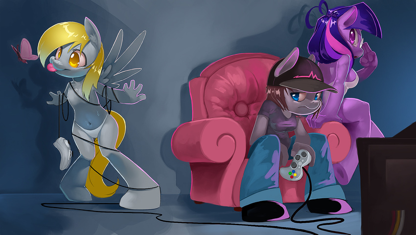 2015 anthro anthrofied arthropod blonde_hair blue_eyes butterfly clothing controller derpy_hooves_(mlp) equine eyewear fan_character female friendship_is_magic glasses group hair hat hi_res holding hooves horse insect inside long_hair mammal my_little_pony navel panties pegasus pony purple_eyes shnider sitting sofa television tongue tongue_out twilight_sparkle_(mlp) underwear wings